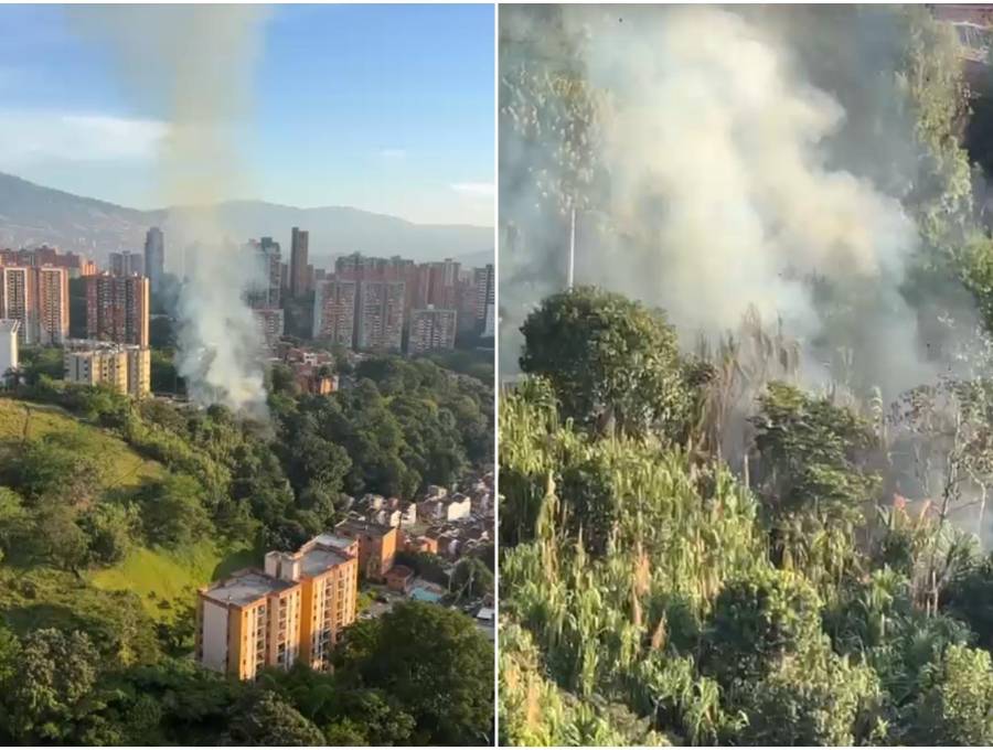 Así se veía, a lo lejos y de cerca, el incendio forestal que alarmó a la comunidad de Belén, cerca a la Loma de Los Bernal. FOTOS Denuncias Antioquia. 