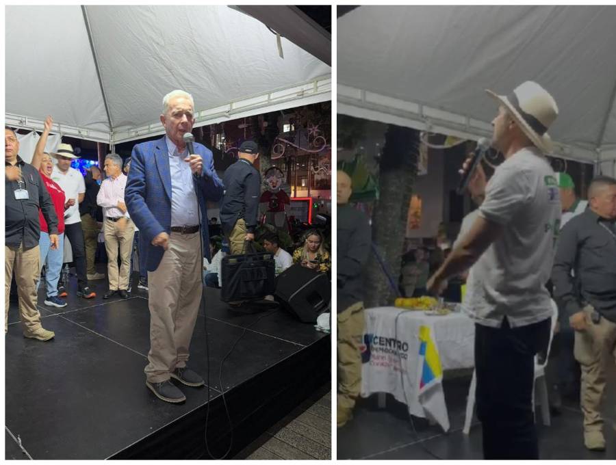 El expresidente Álvaro Uribe y el senador Andrés Guerra durante el evento en Itagüí en el que apagaron las luces. FOTOS: Cortesía