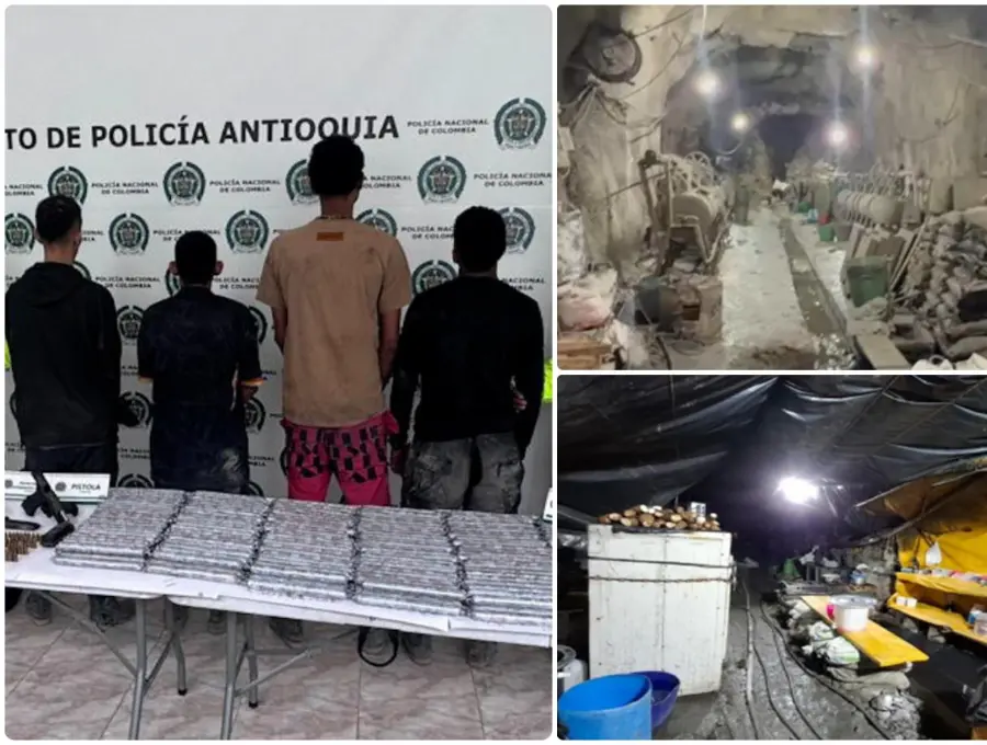 Los cuatro capturados son señalados de trabajar como guardias y escoltas armados en los túneles invadidos de la mina de Zijin en Buriticá. FOTOS: Cortesía Policía y Fiscalía