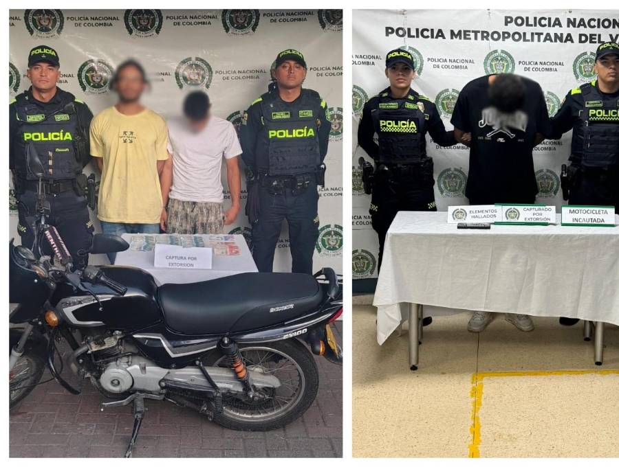 A la izquierda, los dos hombres capturados en San Javier, a la derecha, el sujeto detenido en Laureles. FOTO Cortesía Policía Metropolitana. 