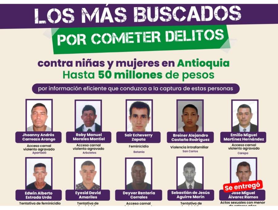 Algunos de los rostros más buscados en el departamento tras cometer delitos contra niñas y mujeres. FOTO: Cortesía Gobernación de Antioquia 