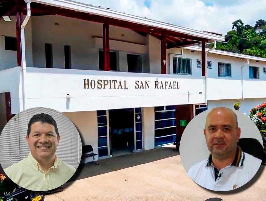 El hospital San Rafael, de Andes, está en una situación financiera difícil a la que se une el problema jurídico originado desde que el alcalde, Germán Vélez, le aceptó la renuncia al director Luis Fabián Otero (der.). FOTOS: Tomadas de redes sociales y captura de video