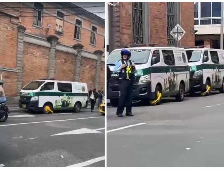 Por lo menos 4 patrullas fueron inmovilizadas con estos dispositivos en el centro de Medellín. Imágenes de videos en redes sociales.