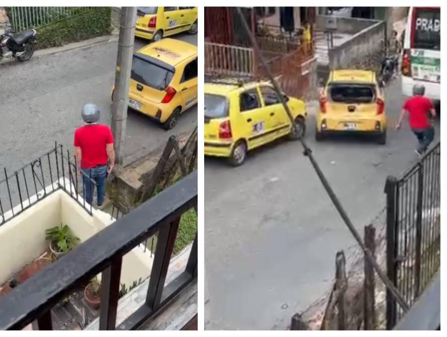 Así quedó captado el momento en el que el taxista, tras chocar otros vehículos aparcados en la vía, huye dando reversa. FOTO Denuncias Antioquia.