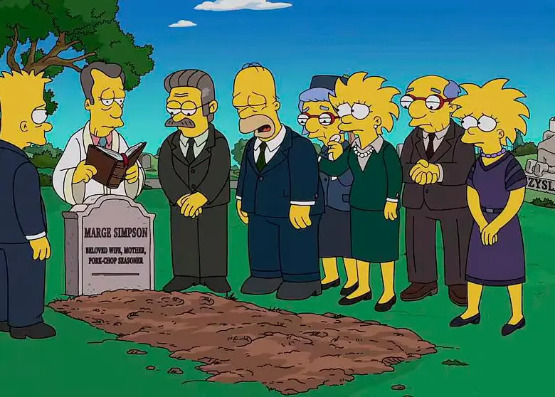 Homero Simpson llora frente a la tumba de Marge en una de las escenas más conmovedoras de toda la serie. FOTO cortesía Los Simpson