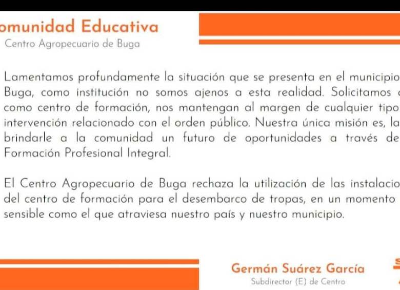 Comunicado del Sena. FOTO: Cortesía