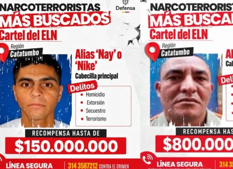 Estos son los dos cabecillas del ELN que el Ministerio de Defensa tiene en la mira por el atentado en Los Patios. Foto: MinDefensa