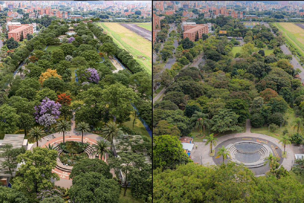 En el lado derecho, está cómo quedarían las obras. En el izquierdo, el estado actual del parque. FOTO: Cortesía Alcaldía de Medellín