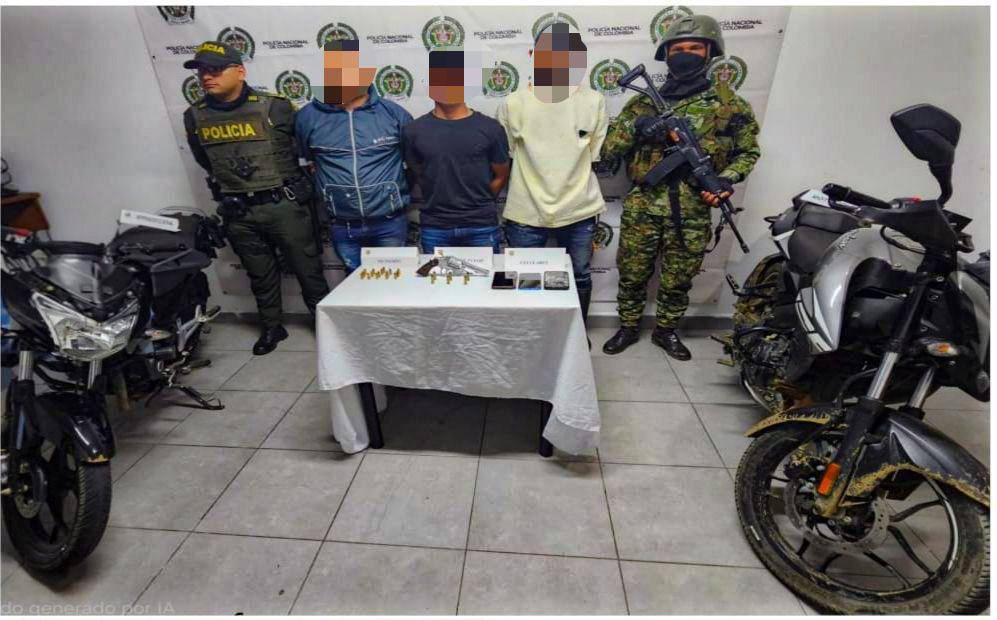 Tres de los capturados en los dos operativos del Ejército en el Suroeste antioqueño. FOTO Cortesía Cuarta Brigada.