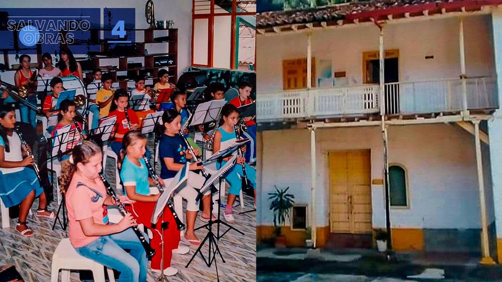 En su historia, la Escuela impartió clases gratuitas a niños, jóvenes y adultos de instrumentos de cuerdas pulsadas como guitarra; de cuerdas frotadas como violín; de vientos como el clarinete, y de percusión como la batería. Su labor fue reconocida y, en el año 2012, fue declarada como Patrimonio Cultural del Municipio. A pesar de esto, la Corporación continuaba sin un lugar adecuado donde realizar los ensayos, siendo casas antiguas y colegios sus principales escenarios. En ese mismo año, entonces, se comenzó a gestar el proyecto de un espacio propio y adaptado a sus necesidades. En la foto, la antigua Casa Cultural del municipio y la banda municipal en el I.E. Alejandrino Restrepo.