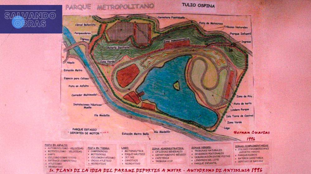 La promesa de convertir el terreno de 97,6 hectáreas en un polideportivo se fue desdibujando con la destinación e invasión del predio para otros propósitos. Por esto, el ciudadano Hernán Cuartas tomó las riendas de su recuperación, encontrando en este no solo un espacio, sino la oportunidad de convertirlo en un parque de deportes a motor y náutico. En el año 1996, entonces, diseñó y registró dicho proyecto en Bello, Medellín, el Área Metropolitana y Antioquia. En la foto, en uno de los primeros planos.