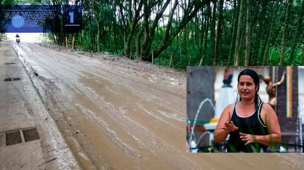 Cuando Sandra Álvarez llegó a El Zacatín en enero del 2012 sus hijas tenían 5 y 7 años de edad. Las calles, aún sin pavimentar, se llenaban de barro con las constantes lluvias y el camino a su hogar se volvía peligroso al estar ubicado sobre una pendiente. A estas condiciones se sumaba una que generaba problemas de salud pública: en el sector no había acueducto para llevar agua potable ni alcantarillado para encargarse de las aguas residuales. En la foto, antes de su pavimentación, el túnel verde que hace parte del sector El Zacatín. Un tramo de la carretera que conecta con Vegachí. En la parte inferior derecha, Sandra Álvarez en 2025.