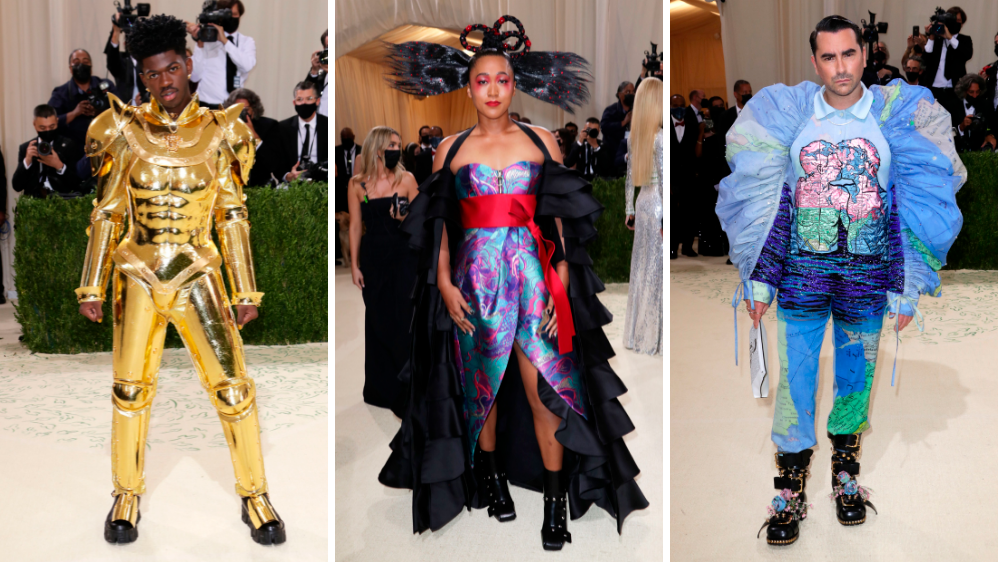 Pintas extravagantes, llegaron quienes las portan. De izquierda a derecha Lil Nas X, con su segundo traje; la tenista Naomi Osaka y Daniel Levy. FOTOS Cortesía E! Entertainment @EOnlineLatino