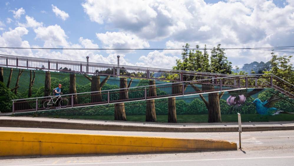 En uno de los murales se ven bosques frondosos que sirven de homenaje a la gran cantidad de zonas boscosas que se encuentran en Antioquia. Fotos: Carlos Velásquez