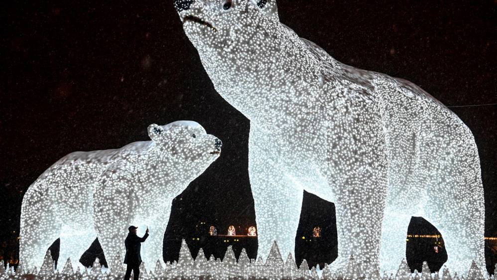 En Moscú un hombre toma una foto de esculturas de osos polares hechas con luz, instaladas para las vacaciones de Año Nuevo y Navidad. FOTO AFP