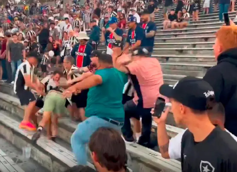 Las bochornosas imágenes de las peleas en la tribuna. FOTO PANTALLAZO TOMADO DE LOS VIDEOS VIRALES