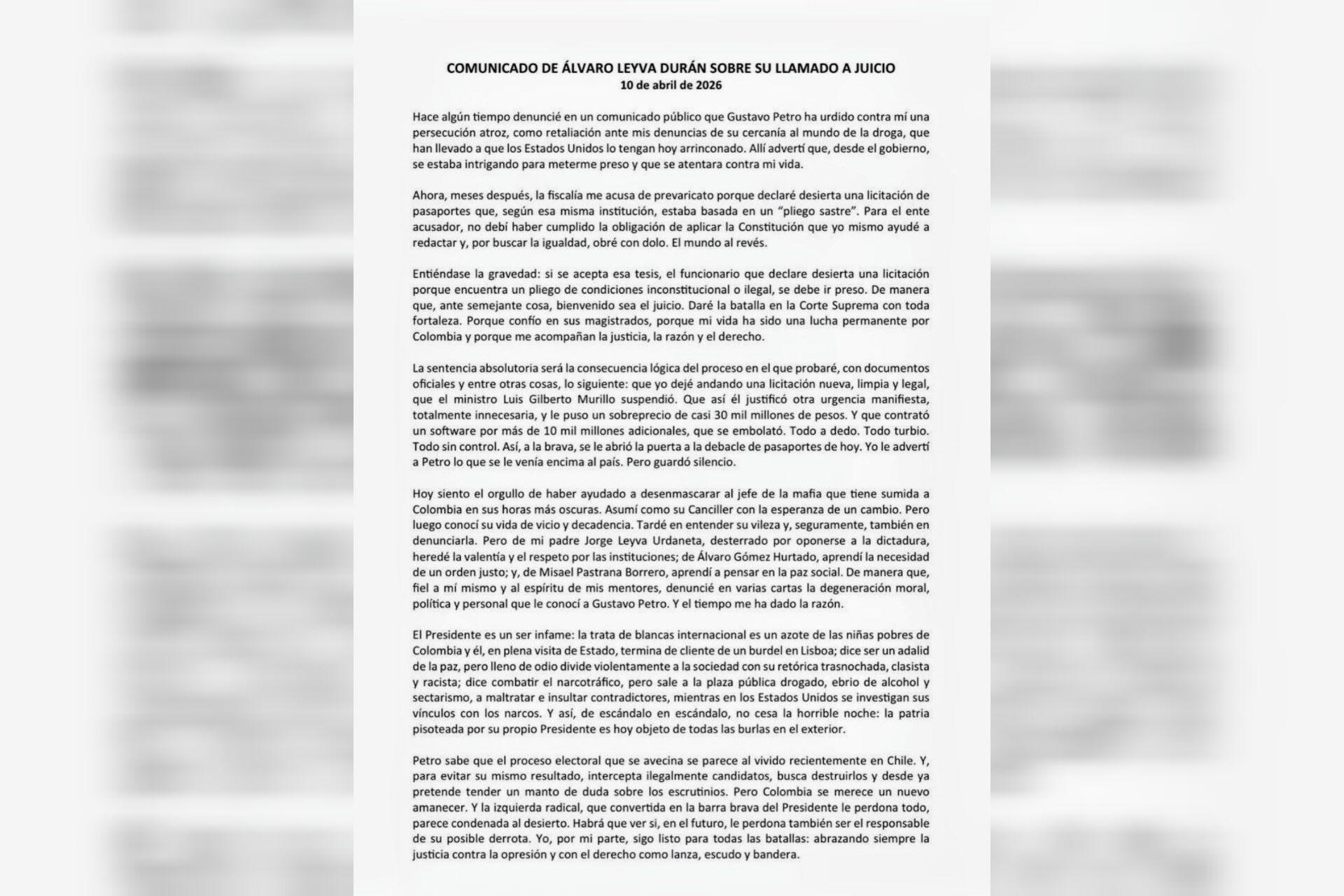 Leyva volvió a cargar contra Petro en nueva carta: lo llamó “jefe de la mafia” y aseguró que “intercepta candidatos”