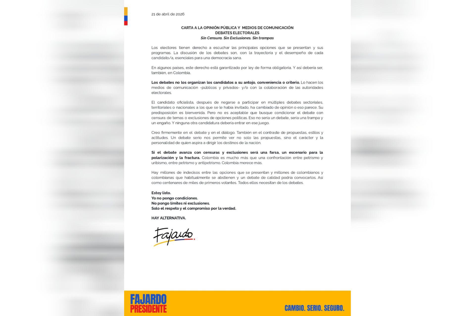 “Si el debate avanza con exclusiones será una farsa”: Sergio Fajardo arremete contra las condiciones de Cepeda
