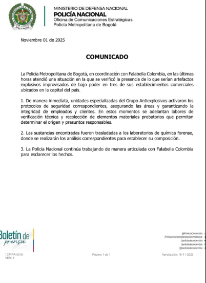 Policía revela nuevos detalles sobre hallazgo de petardos en tiendas Falabella de Bogotá