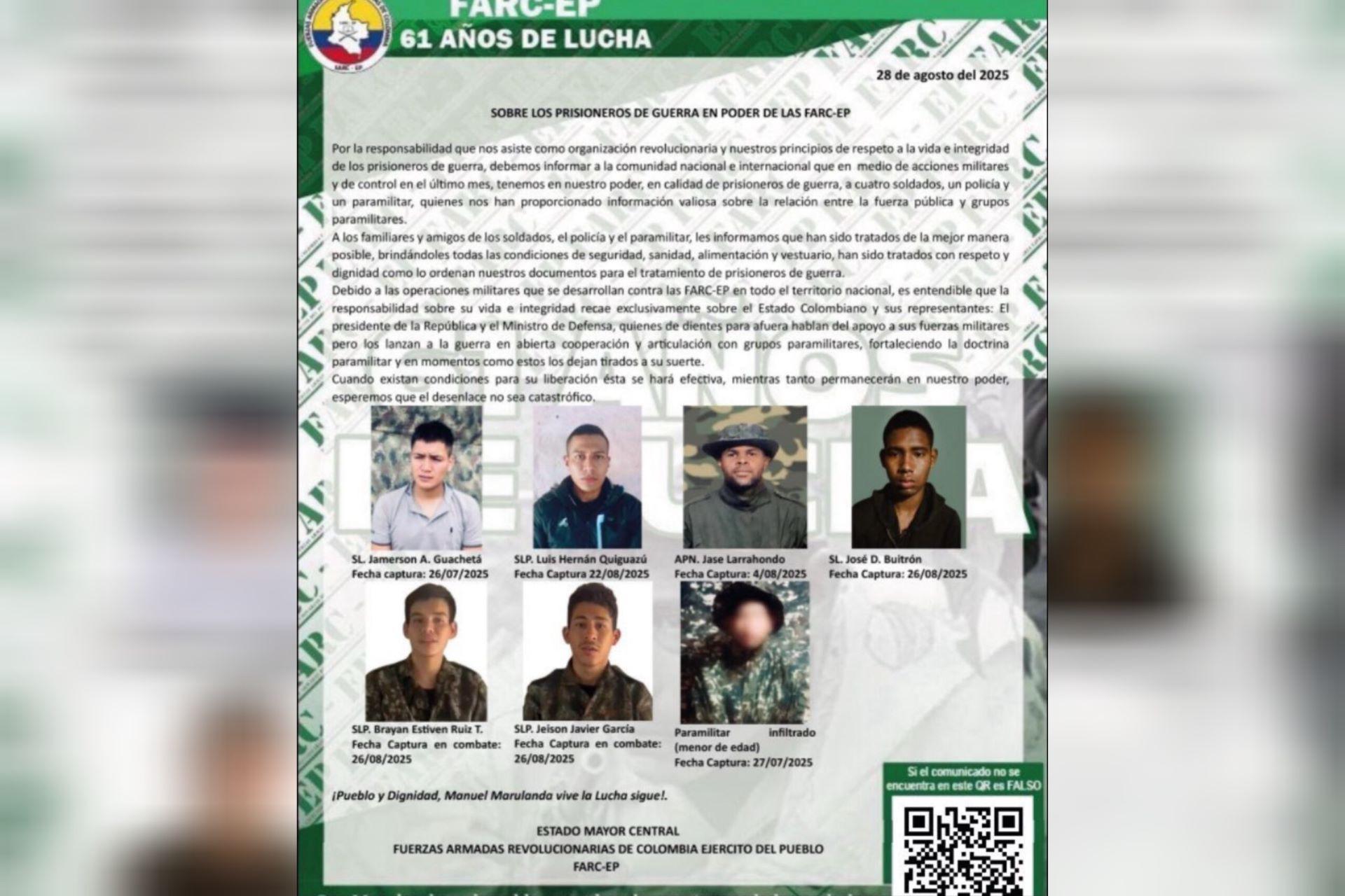 Disidencias de las Farc confirmaron el secuestro de cinco soldados, un policía y un menor de edad; ya uno murió en cautiverio