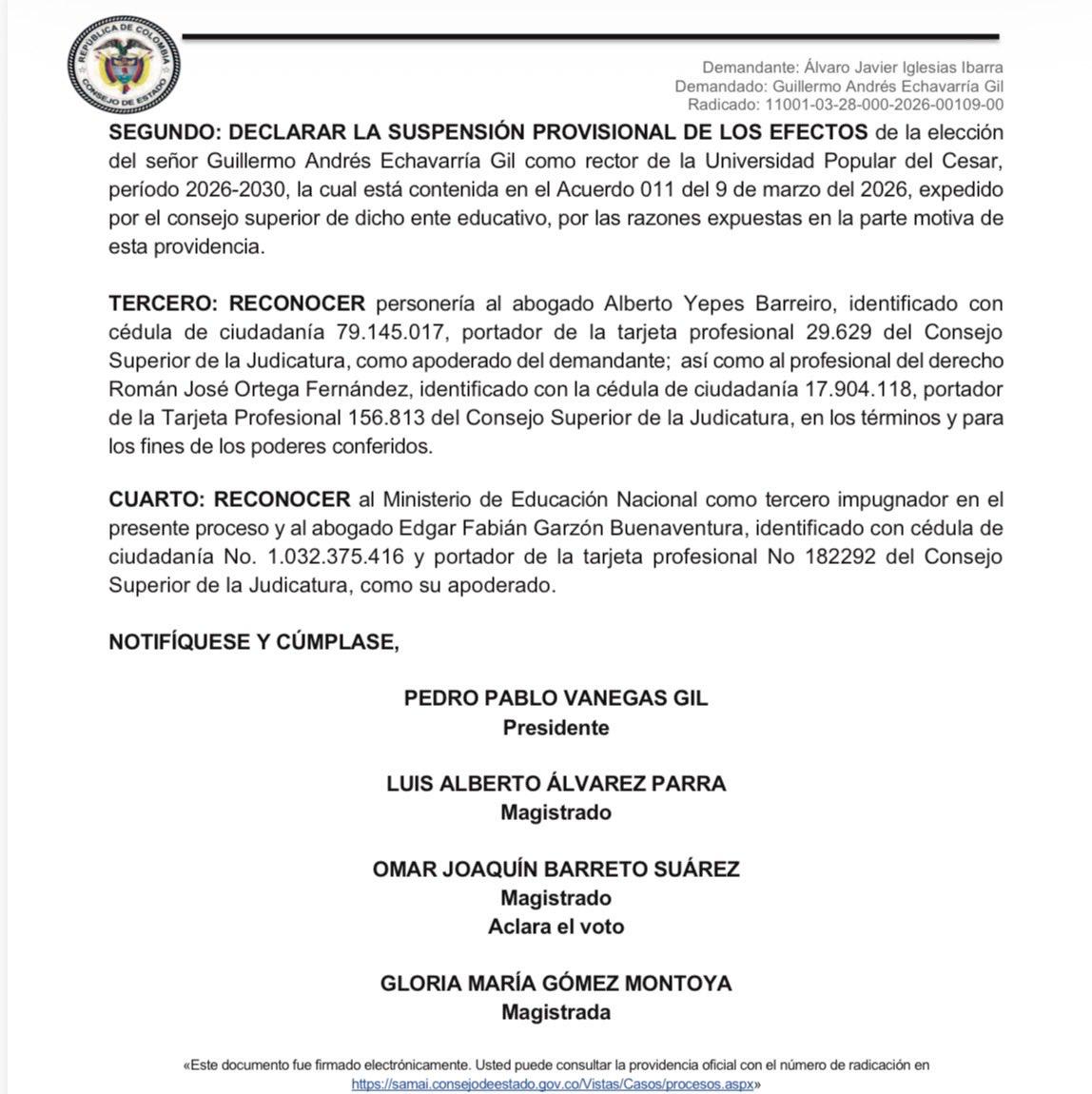 Suspende nombramiento del rector de U. Popular del Cesar, ficha de Juliana Guerrero