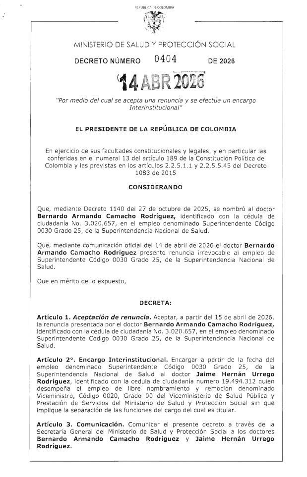 Viceministro Urrego estará de superSalud encargado mientras nombran oficialmente a Daniel Quintero