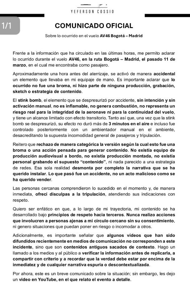Yeferson Cossio se defendió por episodio con gas químico en avión de Avianca: “No fue una broma”