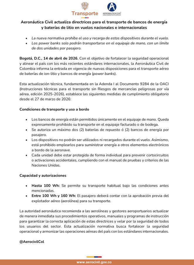 Colombia restringe el uso de las baterías portátiles en vuelos: esto es lo que cambia
