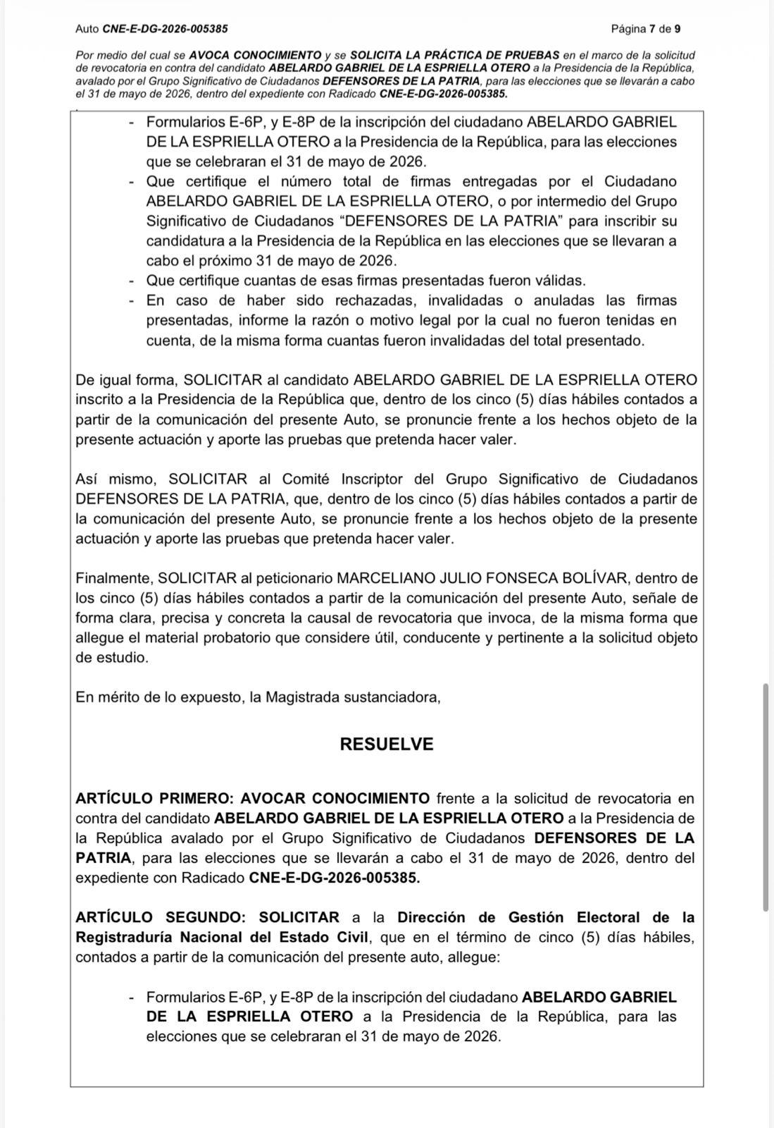 CNE estudia solicitud para revocar candidatura de Abelardo de la Espriella por presuntas firmas falsas