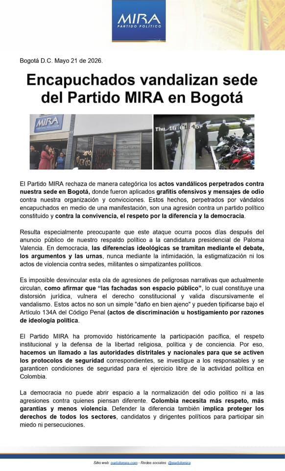 Encapuchados vandalizaron sede del partido MIRA y Galán acusa a Petro de incentivar ataques
