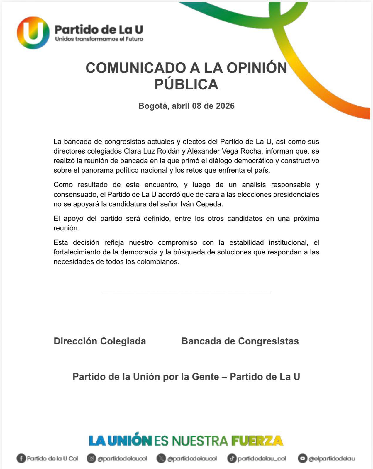 Iván Cepeda se queda sin el apoyo del Partido de la U para las presidenciales del 31 de mayo