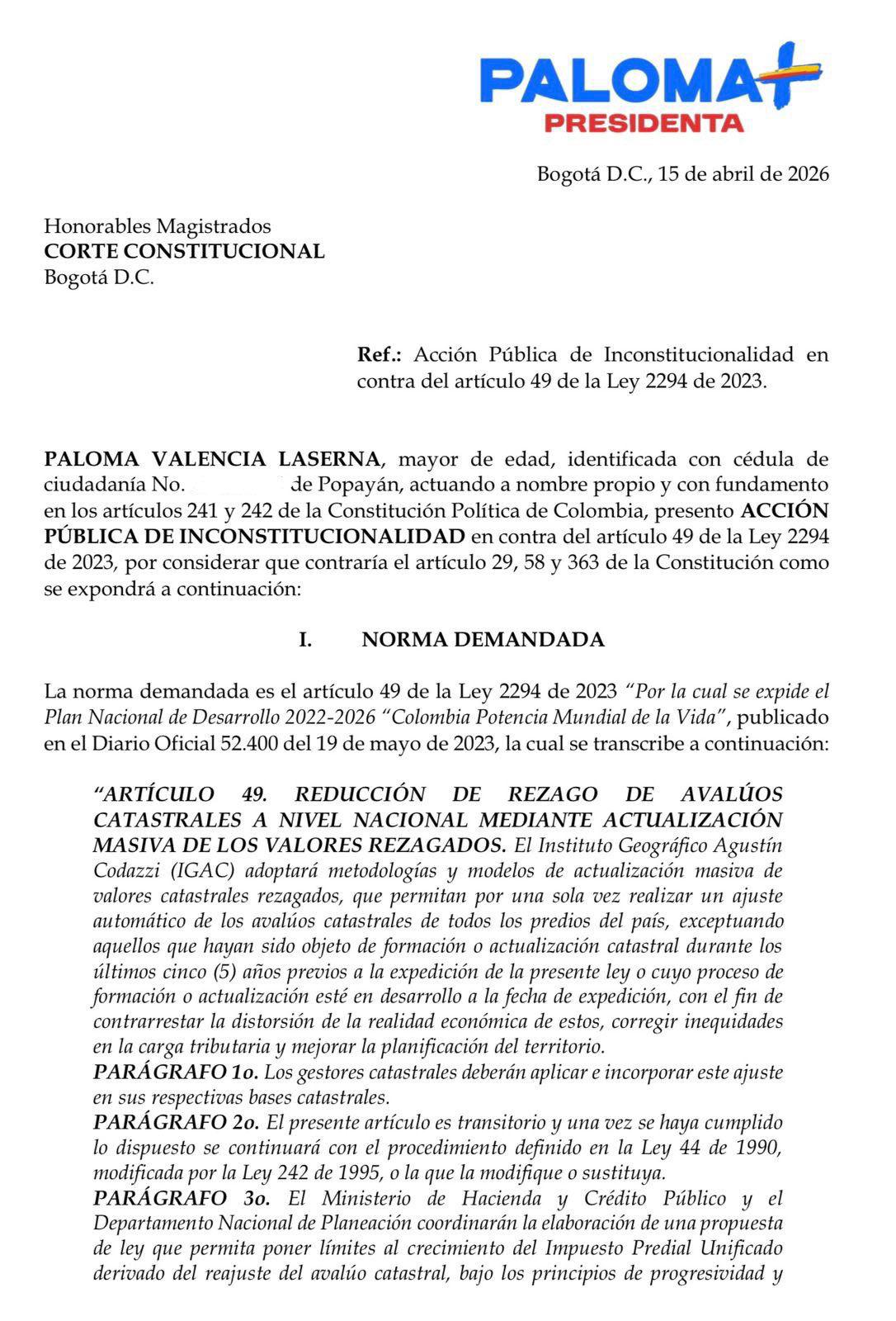 Paloma Valencia demandó el artículo que estipuló las alzas en avalúos catastrales