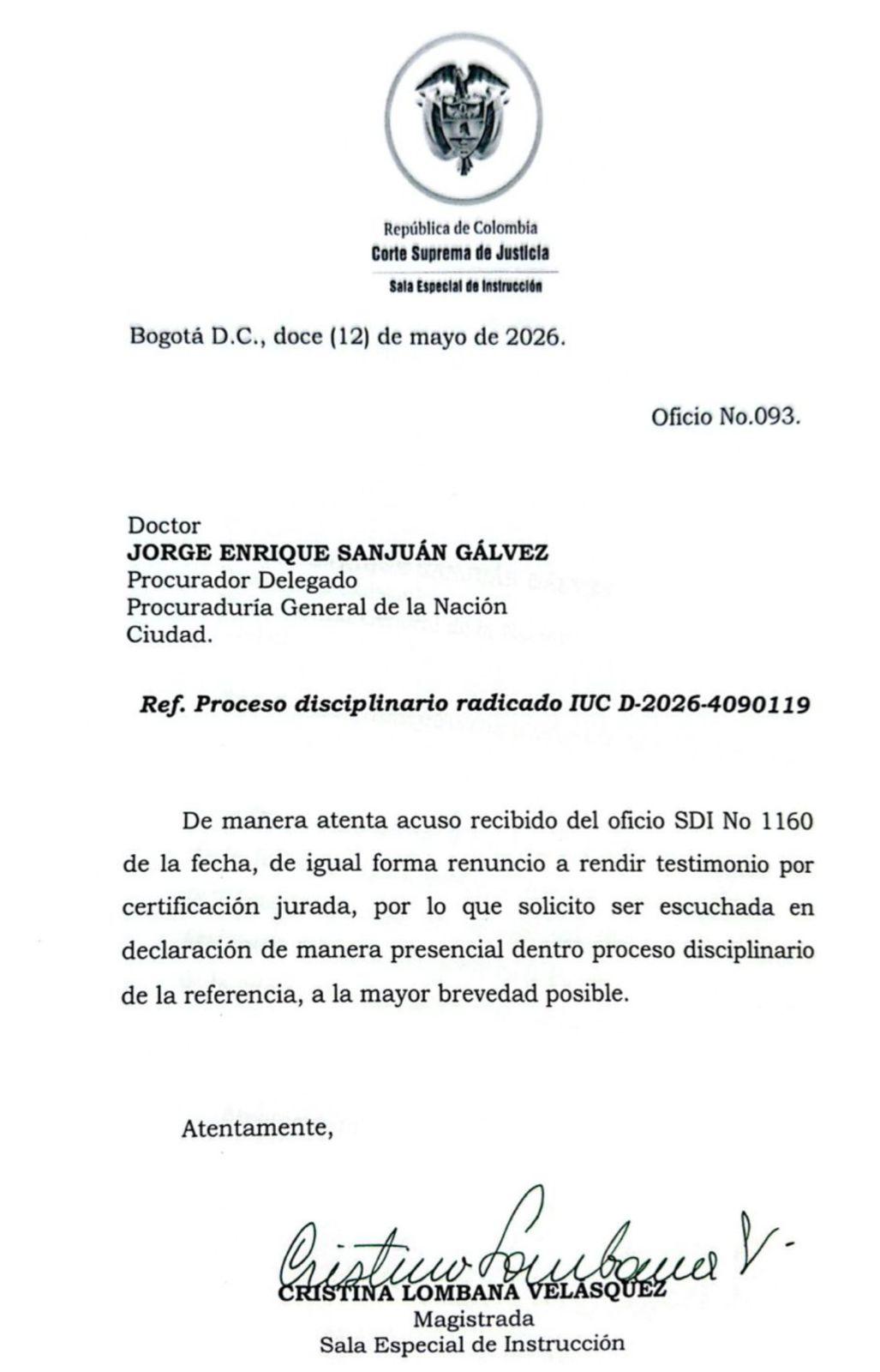 Magistrada Lombana rechaza testimonio escrito y pide declarar presencialmente contra Benedetti
