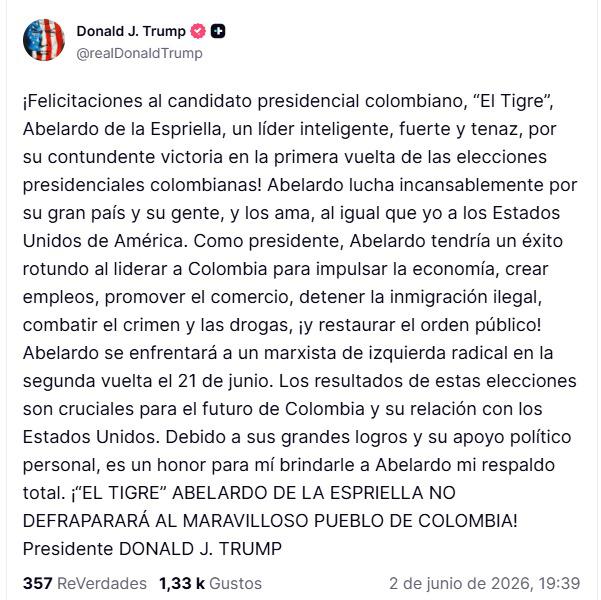 “Es un honor brindarle mi respaldo total”: Donald Trump felicitó a Abelardo de la Espriella tras imponerse en la primera vuelta