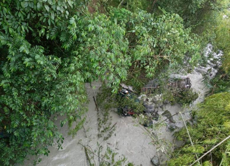 El vehículo doble troque, perteneciente a una empresa de químicos y abonos, terminó cayendo a la quebrada Sinifaná. FOTO CORTESÍA GUARDIANES ANTIOQUIA