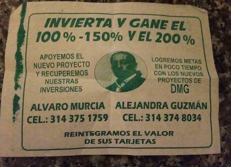 Este es el panfleto que inició su circulación y promete rendimientos de hasta 200% en un nuevo DMG. FOTO cortesía