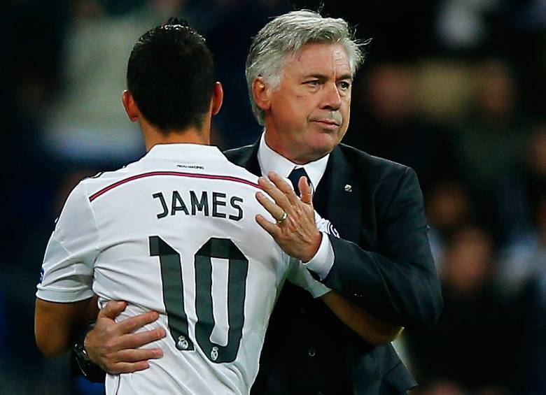 De nuevo juntos James y Ancelotti, una dupla que funcionó a la perfección en Real Madrid, y que hoy se reencuentra. FOTO afp