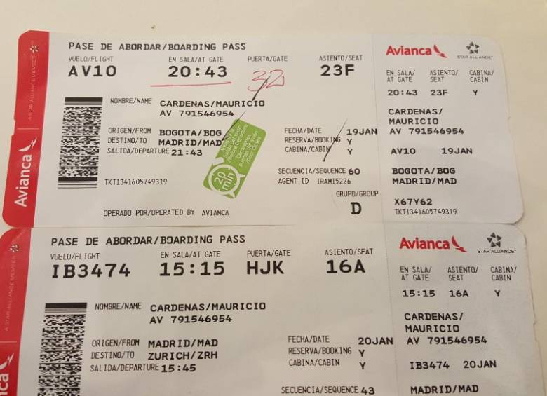 Pases de abordar del ministro de Hacienda, Mauricio Cárdenas, en clase económica Madrid- Bogotá, Bogotá- Madrid. FOTO CORTESÍA