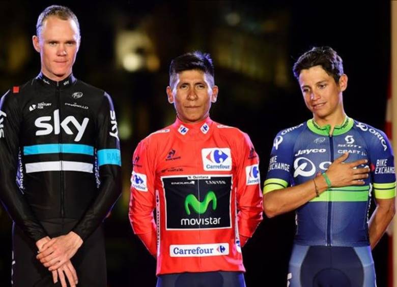 Nairo Quintana, en lo más alto en la Vuelta a España en 2016, junto a Froome (2) y Esteban Chaves (3). FOTO: VUELTA A ESPAÑA