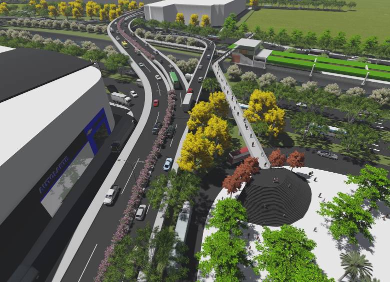 Este es el diseño inicial del proyecto del complejo vial de la Ayurá que incluye un puente de retorno hacia la Autopista Sur de vehículos que van por la Regional. RÉNDER Cortesía