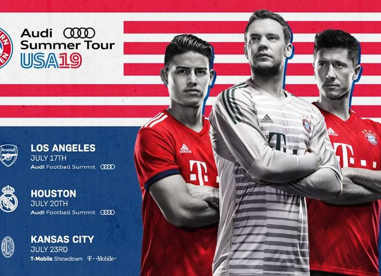 James aparece al lado del arquero Manuel Neuer y el delantero Robert Lewandowski en la promoción de la gira de verano del Bayern. FOTO CORTESÍA BAYERN 