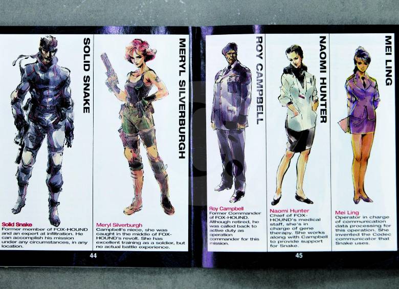 El manual de Metal Gear Solid, juego que salió en la primera consola de Playstation, presenta con finas ilustraciones a los personajes principales. 