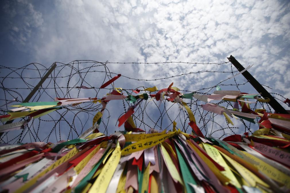 La cerca de alambre de púas está decorada con cintas multicolores que contienen mensajes escritos que desean la unificación de las dos Coreas, cerca la zona desmilitarizada que las separa en Paju, en esta foto tomada el 31 de octubre 2014. FOTO REUTERS