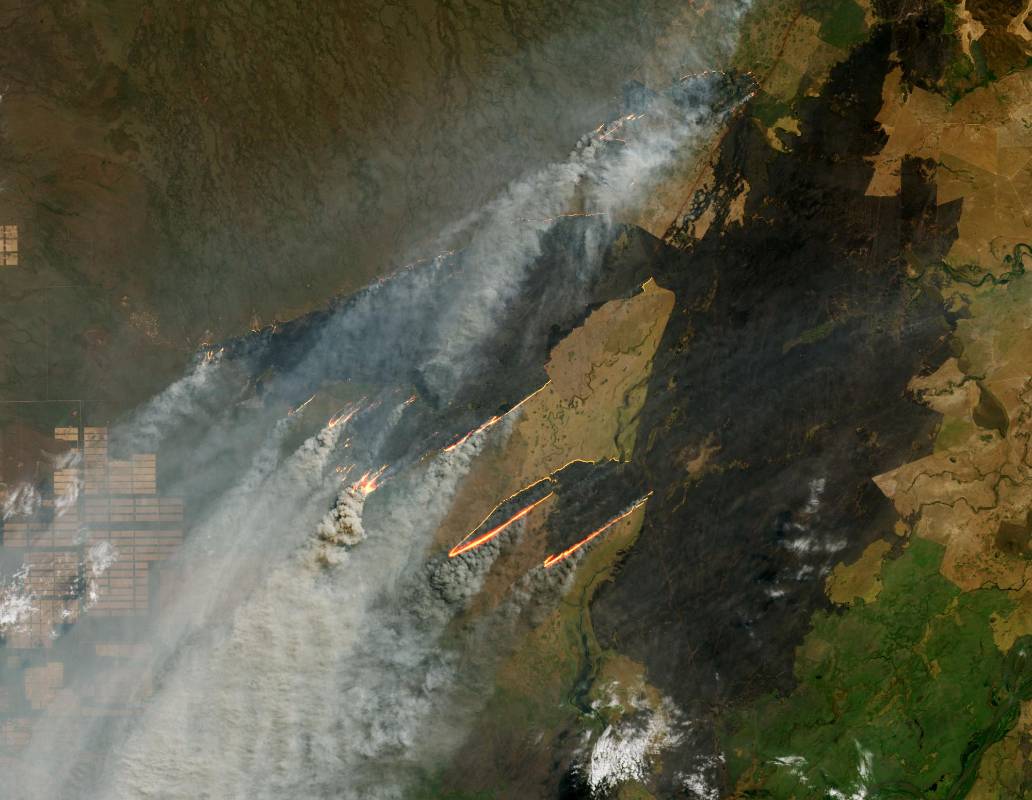 Incendios en Paraguay, Bolivia y Brasil. En 2019 se produjo un fuerte aumento de la actividad de los incendios en toda Sudamérica, incluso en partes de la Amazonia. FOTO Imagen de satélite Landsat 8 de agosto de 2019, se hizo combinando datos de las bandas OLI 4-3-2 (luz visible), así como observaciones de luz infrarroja de onda corta para resaltar el fuego activo.