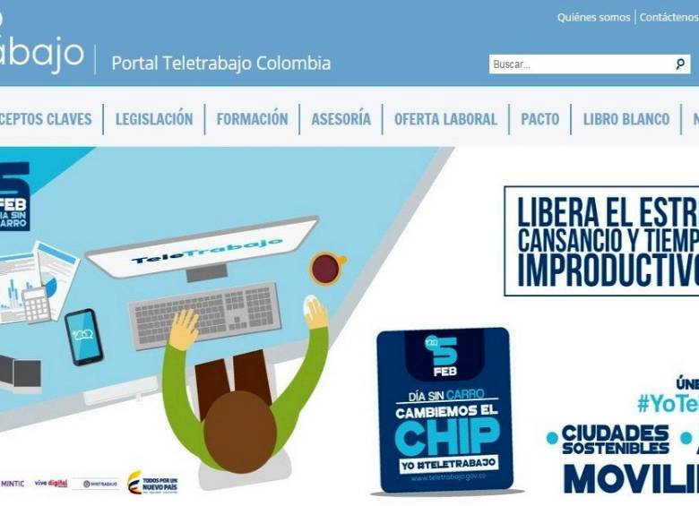 Página inicial del nuevo portal lanzado por el Gobierno, www.teletrabajo.gov.co, con que busca sumar más personas ocupadas en trabajos a distancia. FOTO Cortesía