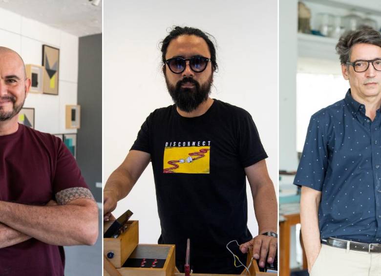 Los artistas de Medellín Iván Hurtado, Jorge Barco y Jorge Julián Aristizábal. Fotos: Carlos Velásquez y Andrés Camilo Suárez
