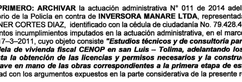 El general Atehortúa archivó la investigación sobre la construcción del Cenop. FOTO Resolución 00570 del 11 de agosto 2015