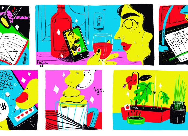 La ilustradora Carolina Urueta dibujó para El Colombiano lo que para ella es la creatividad. “Hay alguien en una llamada pero tiene las manos ocupadas entonces usa una botella de vino para sostener el celular. Quise interpretar cosas creativas que hacemos en la cuarentena todos los días”. 