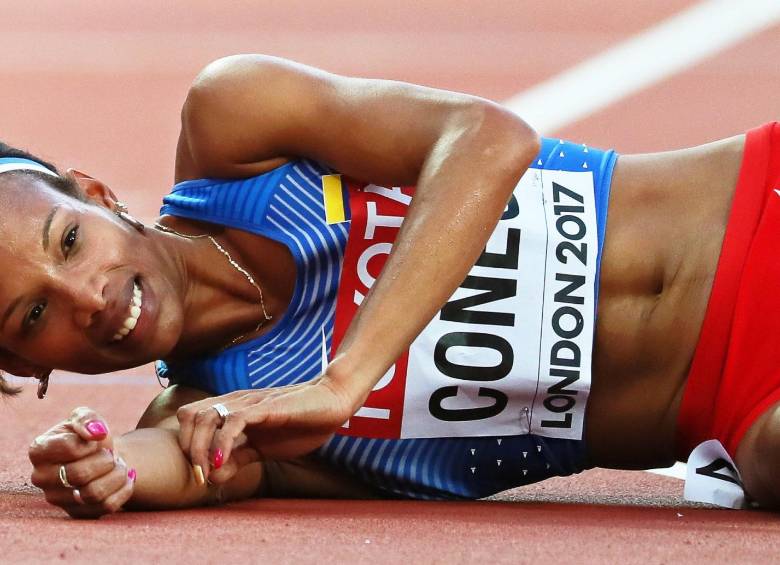 Muriel Coneo, exhausta tras su participación en la prueba de los 5.000 metros, ayer en el Mundial de Londres. FOTO efe