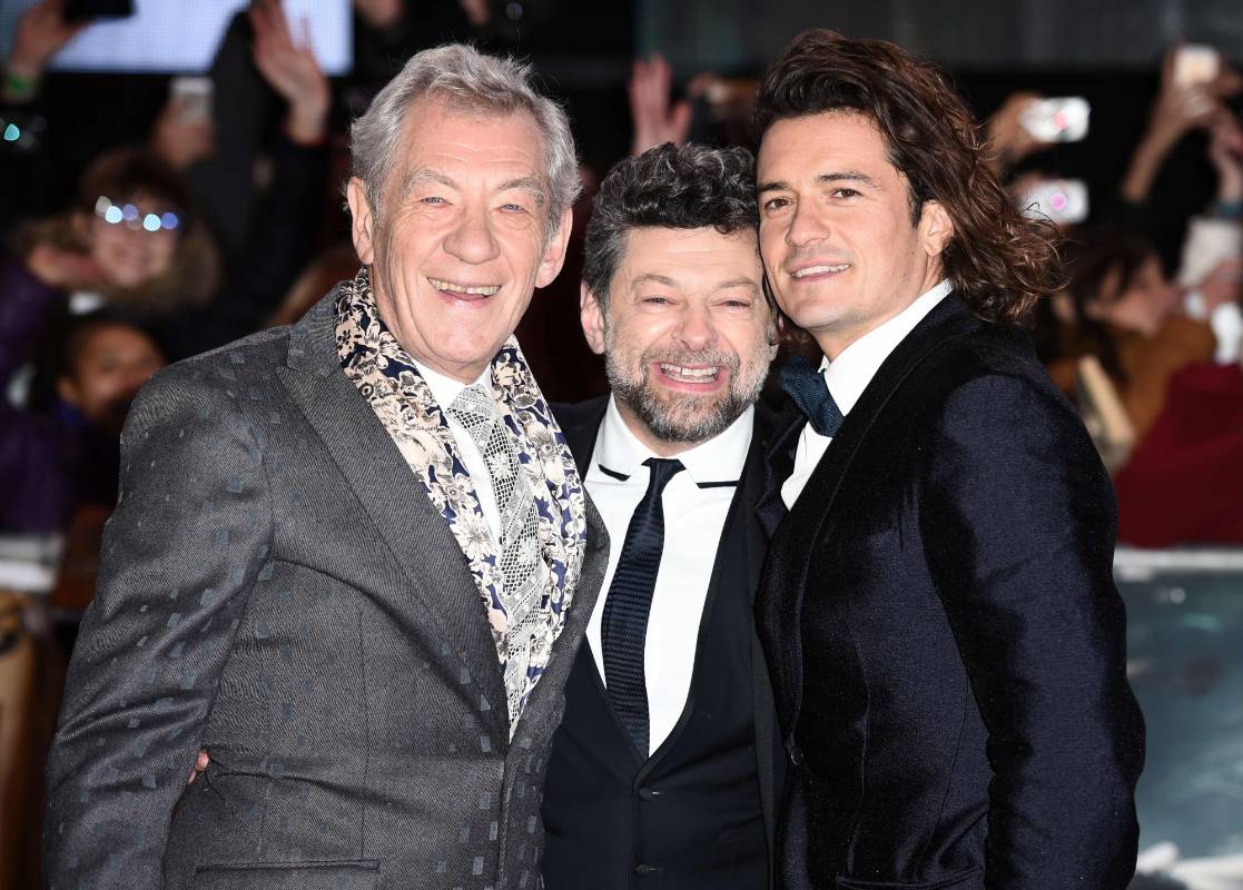 Ian McKellen, Andy Serkis y Orlando Bloom en el estreno del Hobbit: la batalla de los cinco ejércitos. FOTO AFP